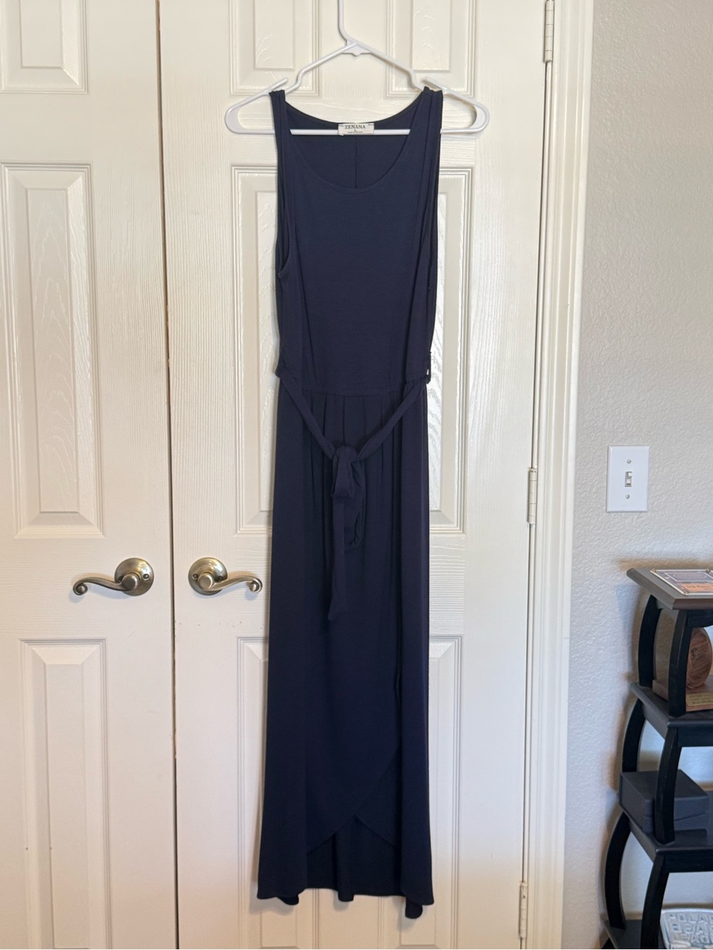 Casual Sleeveless Navy Belted Maxi Dress
